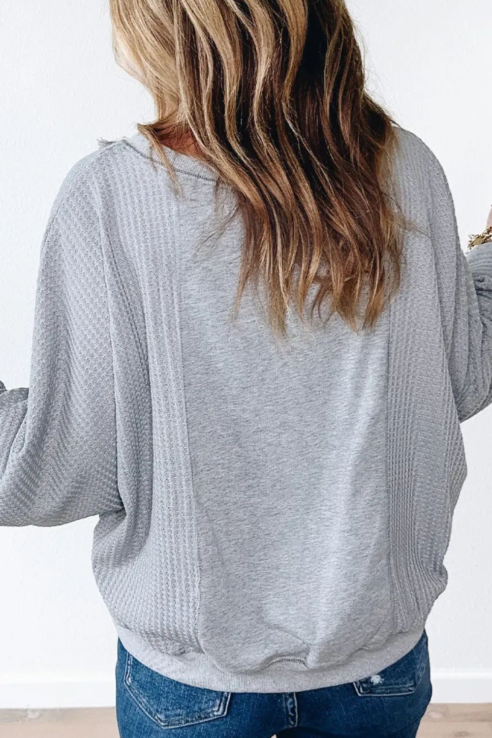 Waffle-Knit Round Neck Long Sleeve Top - In Style Chics Boutique LLC