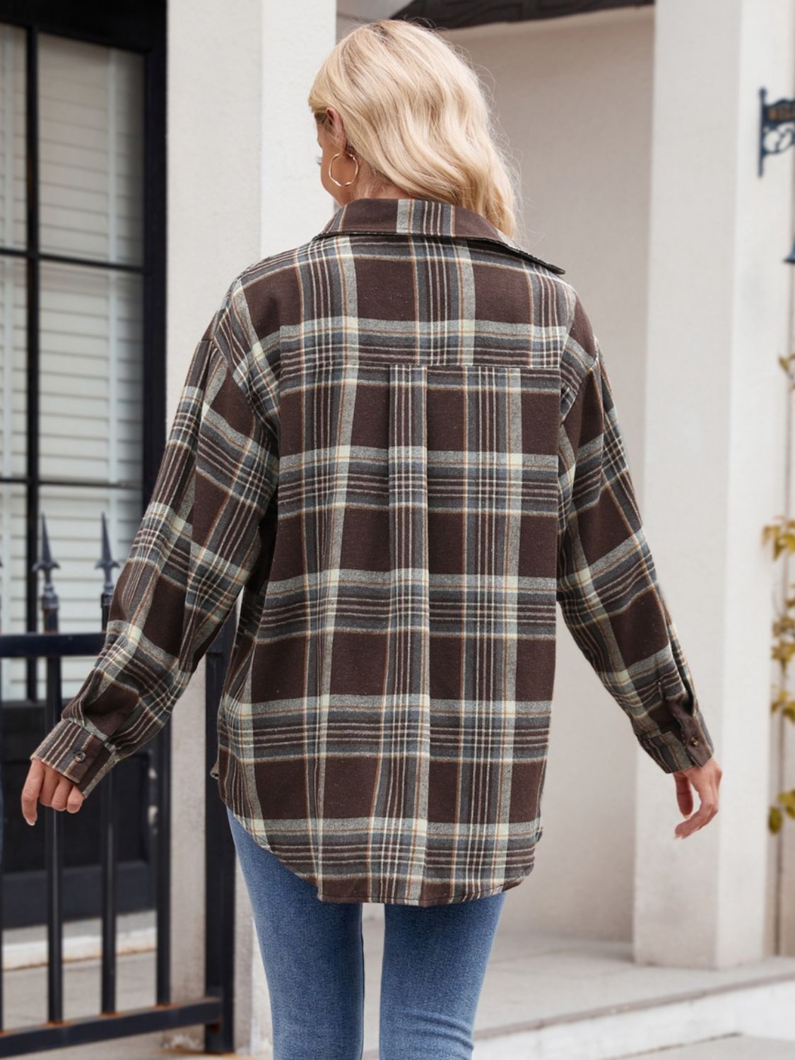 Pocketed Plaid Collared Neck Long Sleeve Shirt - In Style Chics Boutique LLC