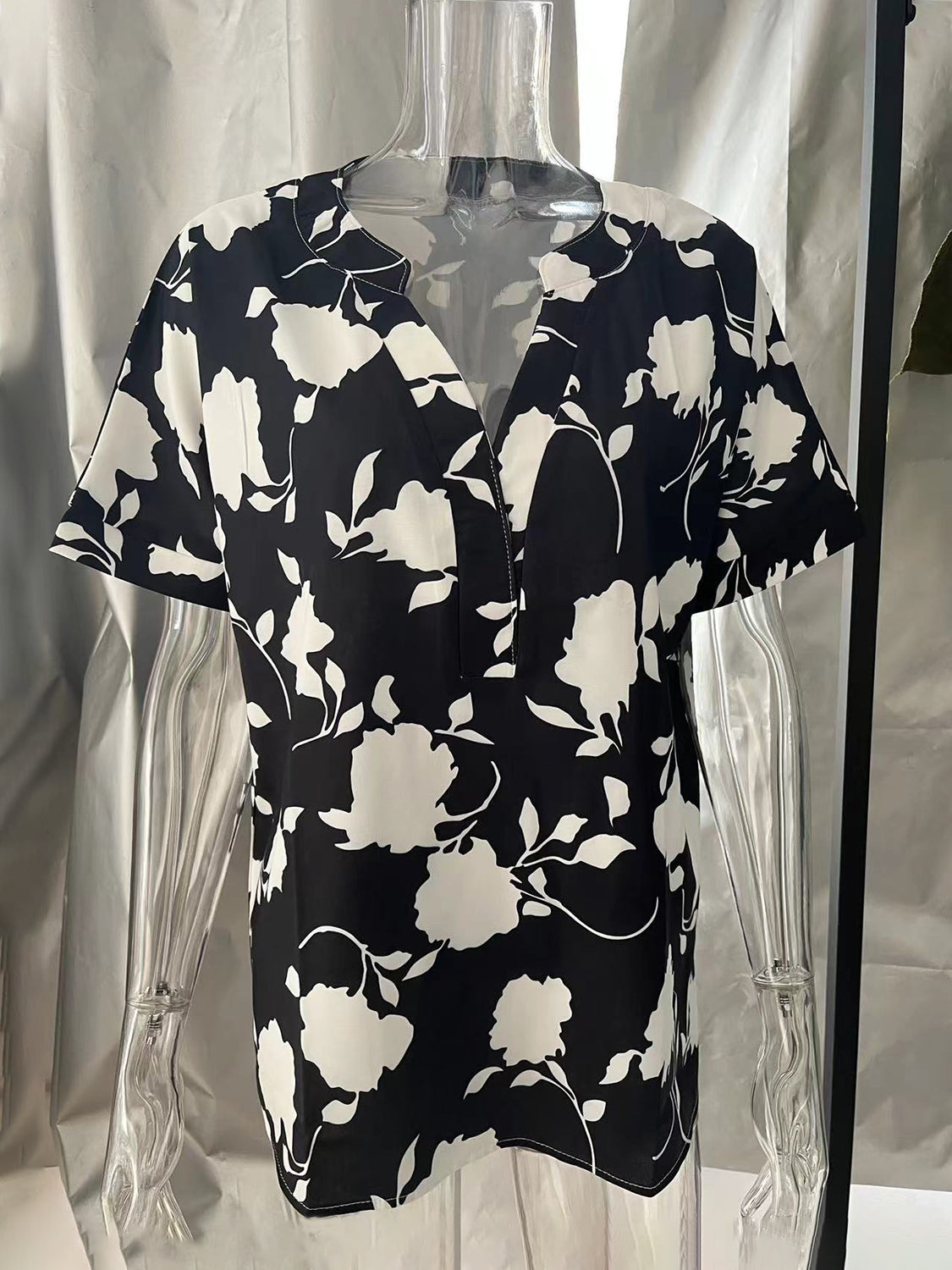Full Size Printed Notched Short Sleeve Blouse - In Style Chics Boutique LLC