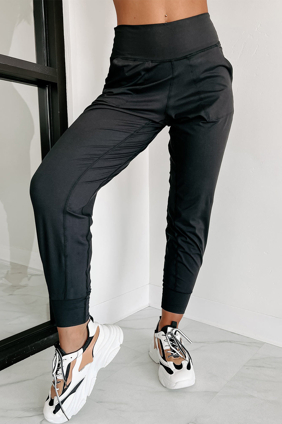 Black Exposed Seam High Waist Pocketed Joggers - In Style Chics Boutique LLC