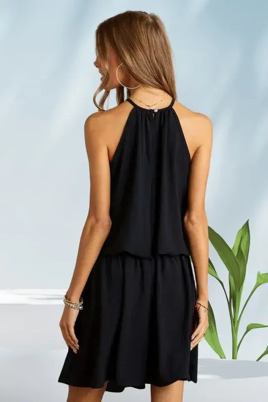 Halter Neck Smocking Waist Black Dress - Cute Clothes - In Style Chics Boutique Women's Juniors Apparel Online