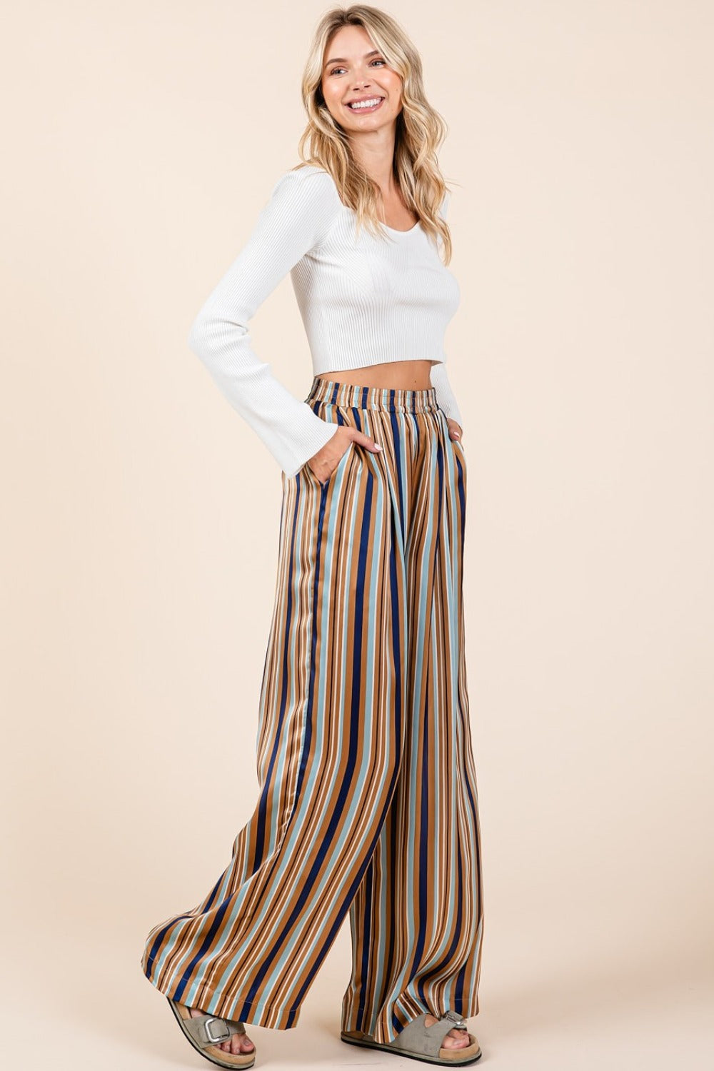 Mittoshop Striped Satin Elastic Waist Wide Leg Pants - In Style Chics Boutique LLC