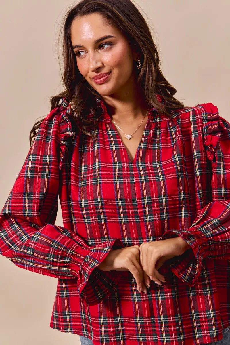 Christmas Checkered Plaid Smocked ♥️ Blouse at In Style Chics Boutique