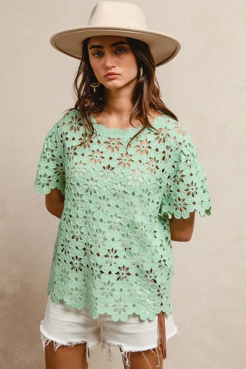 Openwork Crochet Short Sleeve Knit Top at In Style Chics Boutique