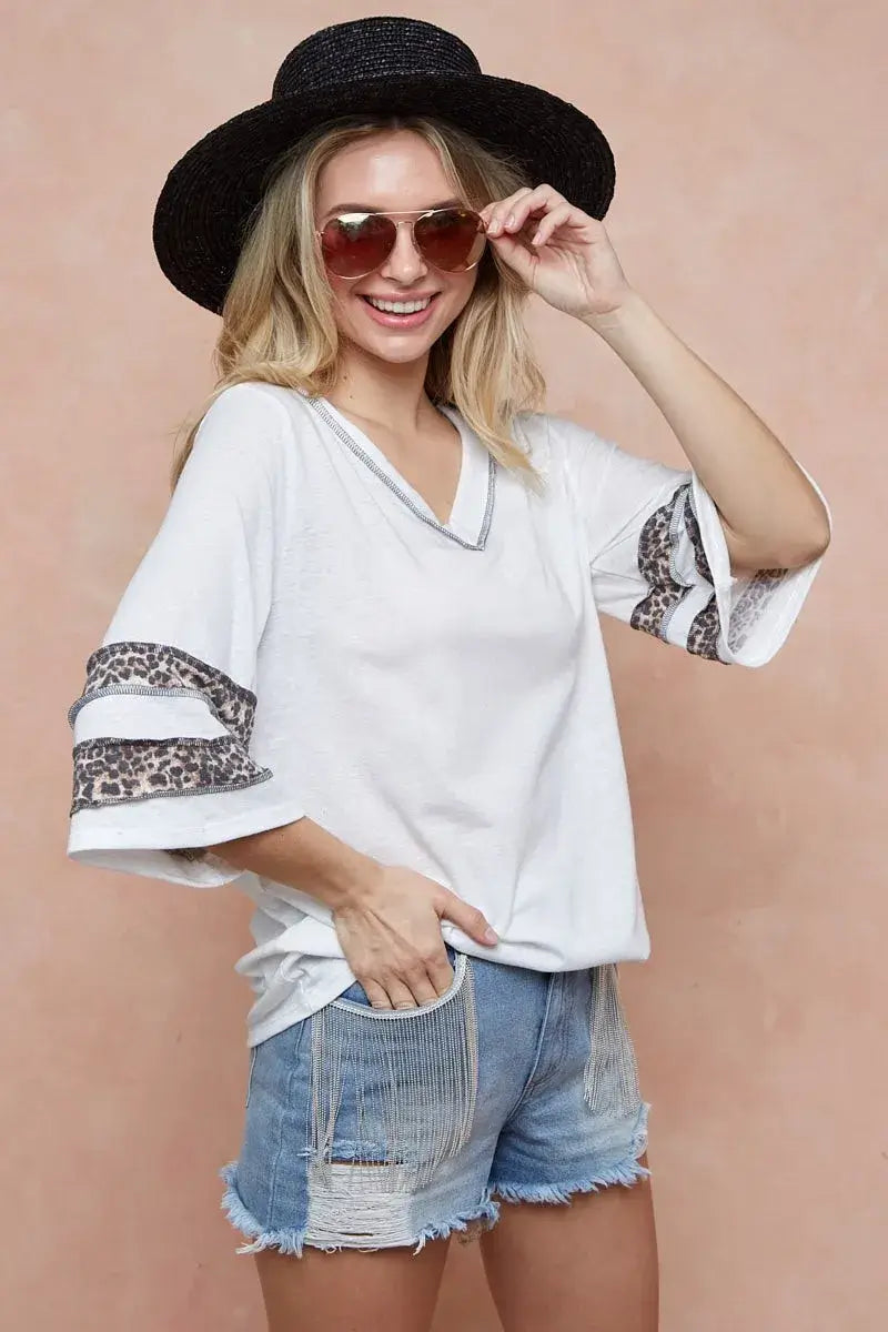 Triblend Knit Top with Leopard Band Detail - Ship from USA - In Style Chics Boutique Women's Juniors Apparel Online