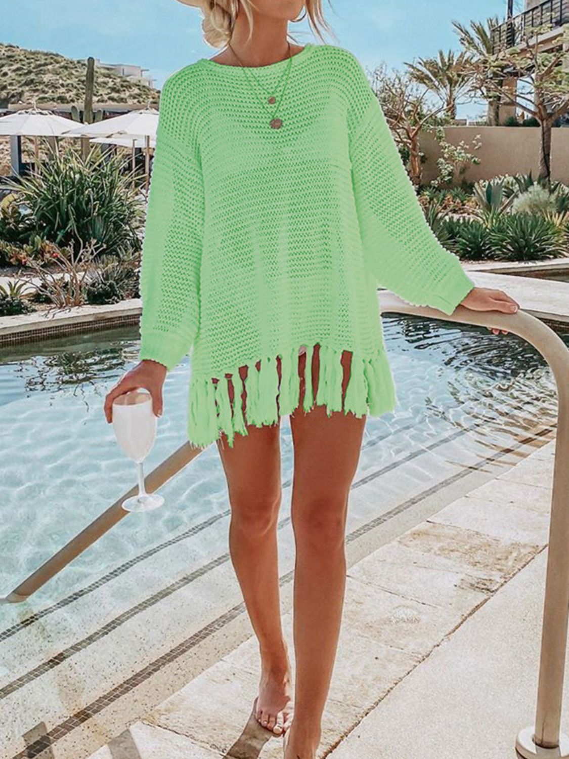 Double Take Openwork Tassel Hem Long Sleeve Knit Cover Up - More Colors! - In Style Chics Boutique LLC