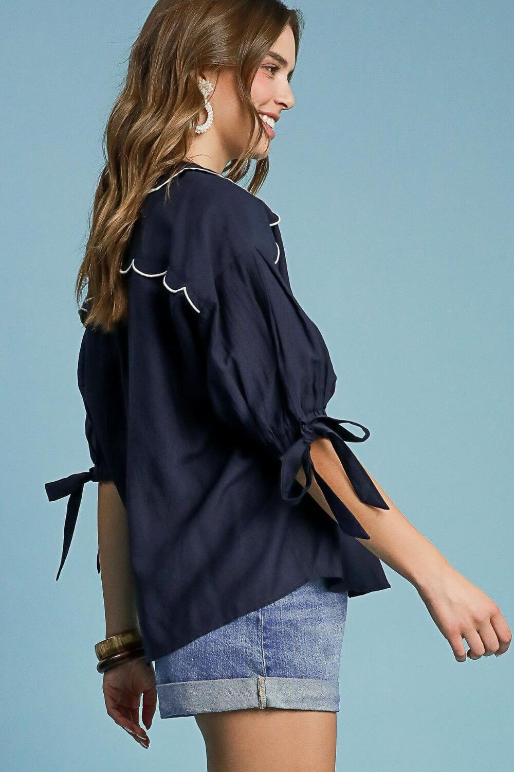 Embroidered Detail Button Down Shirt - In Style Chics Boutique Women's Juniors Plus Size Clothing