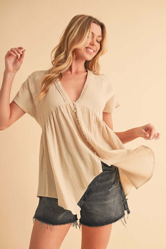 Aemi + Co Tuck Detail V-Neck Short Sleeve Blouse - Spring 2025 Fashion Trends - In Style Chics Boutique Cute Clothing Online Women's Juniors Apparel