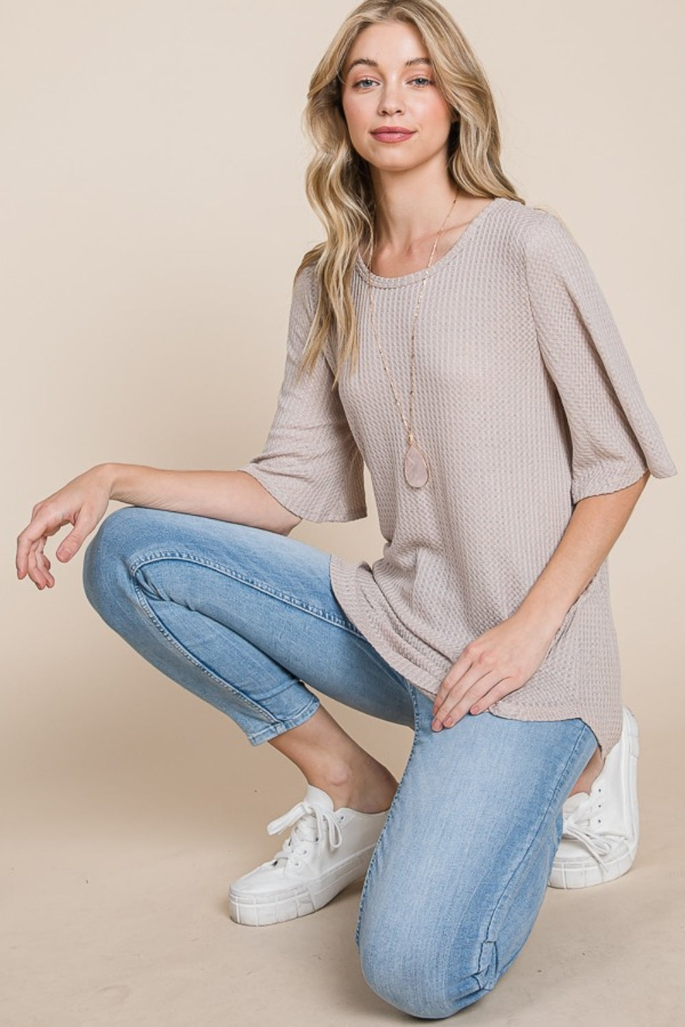 BOMBOM Round Neck Waffle Knit T-Shirt - In Style Chics Boutique LLC