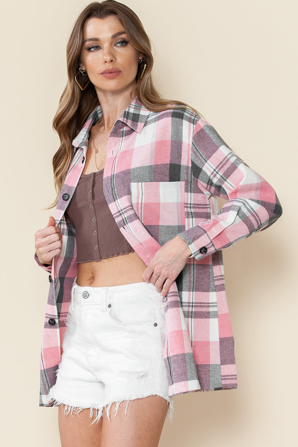 Pink Long Sleeve Collared Button Up Flannel Shacket - In Style Chics Boutique LLC