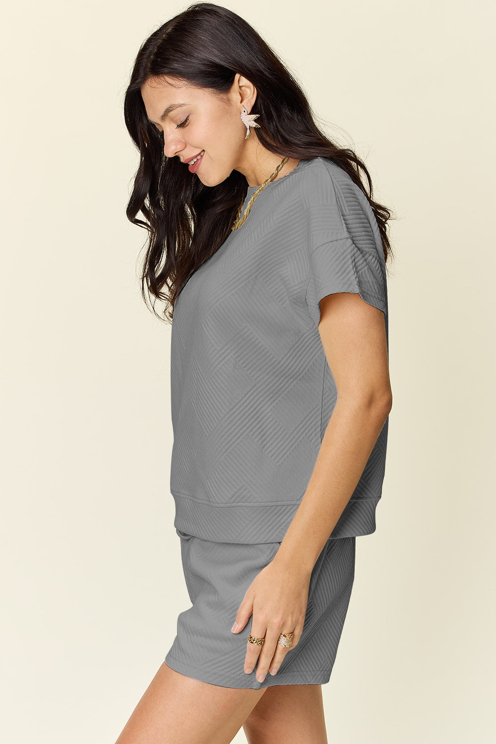 Double Take Texture Short Sleeve T-Shirt and Drawstring Shorts Set - In Style Chics Boutique LLC