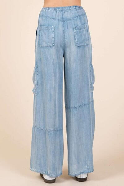 Washed Elastic Waist Cargo Wide Leg Pants