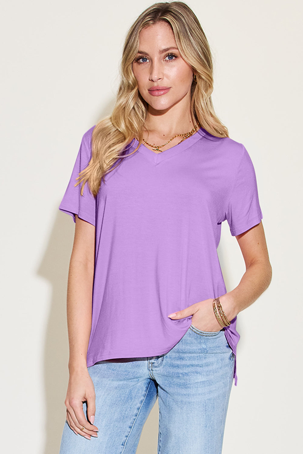 Basic Bae Bamboo Full Size V-Neck High-Low T-Shirt - In Style Chics Boutique LLC