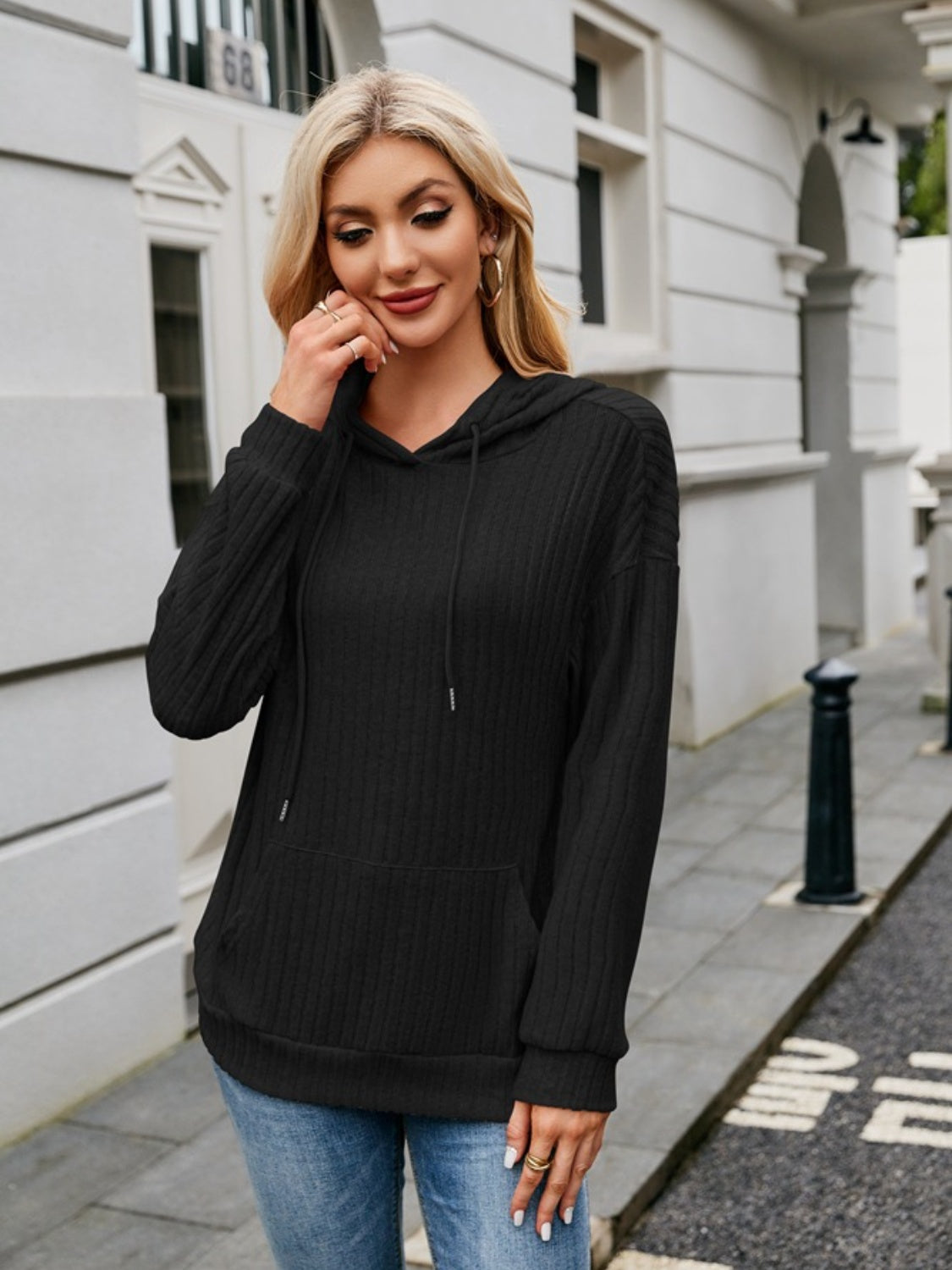 Ribbed Drawstring Long Sleeve Hoodie - In Style Chics Boutique LLC