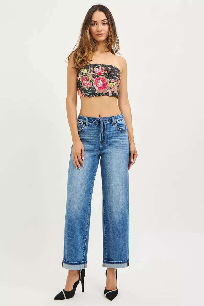 RISEN Elastic Band Slouch Ankle Boyfriend Cuffed Hem Jeans