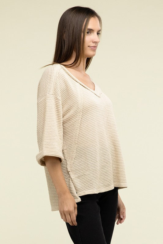 Brushed Waffle Exposed-Seam 3/4 Sleeve Top - In Style Chics Boutique LLC