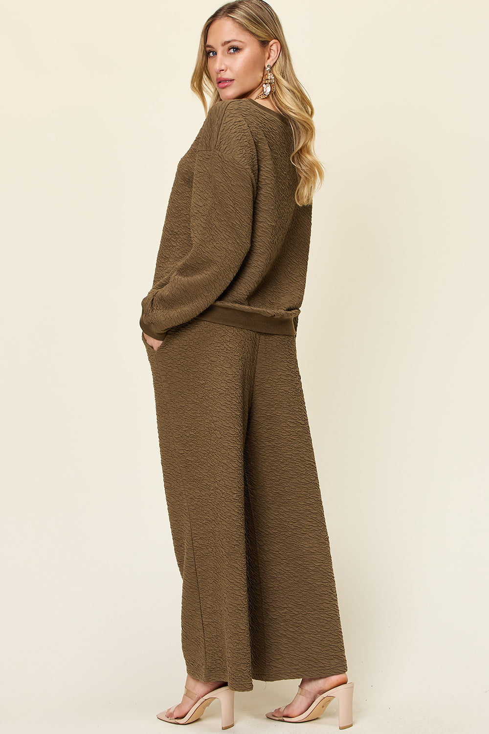 Double Take Full Size Texture Long Sleeve Top and Pants Set - In Style Chics Boutique LLC