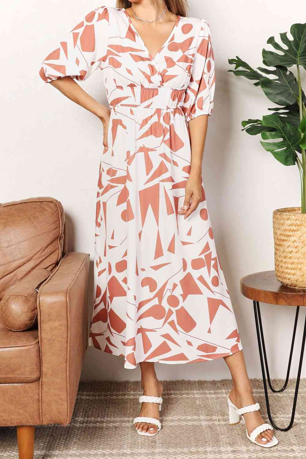 Printed Surplice Balloon Sleeve Dress - spring dresses - In Style Chics Boutique Online Clothing