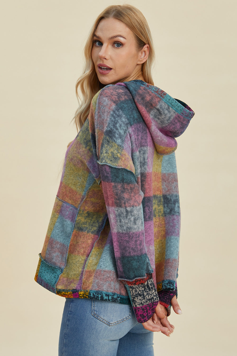 Double Take Full Size Plaid Dropped Shoulder Fleece Hoodie - In Style Chics Boutique LLC