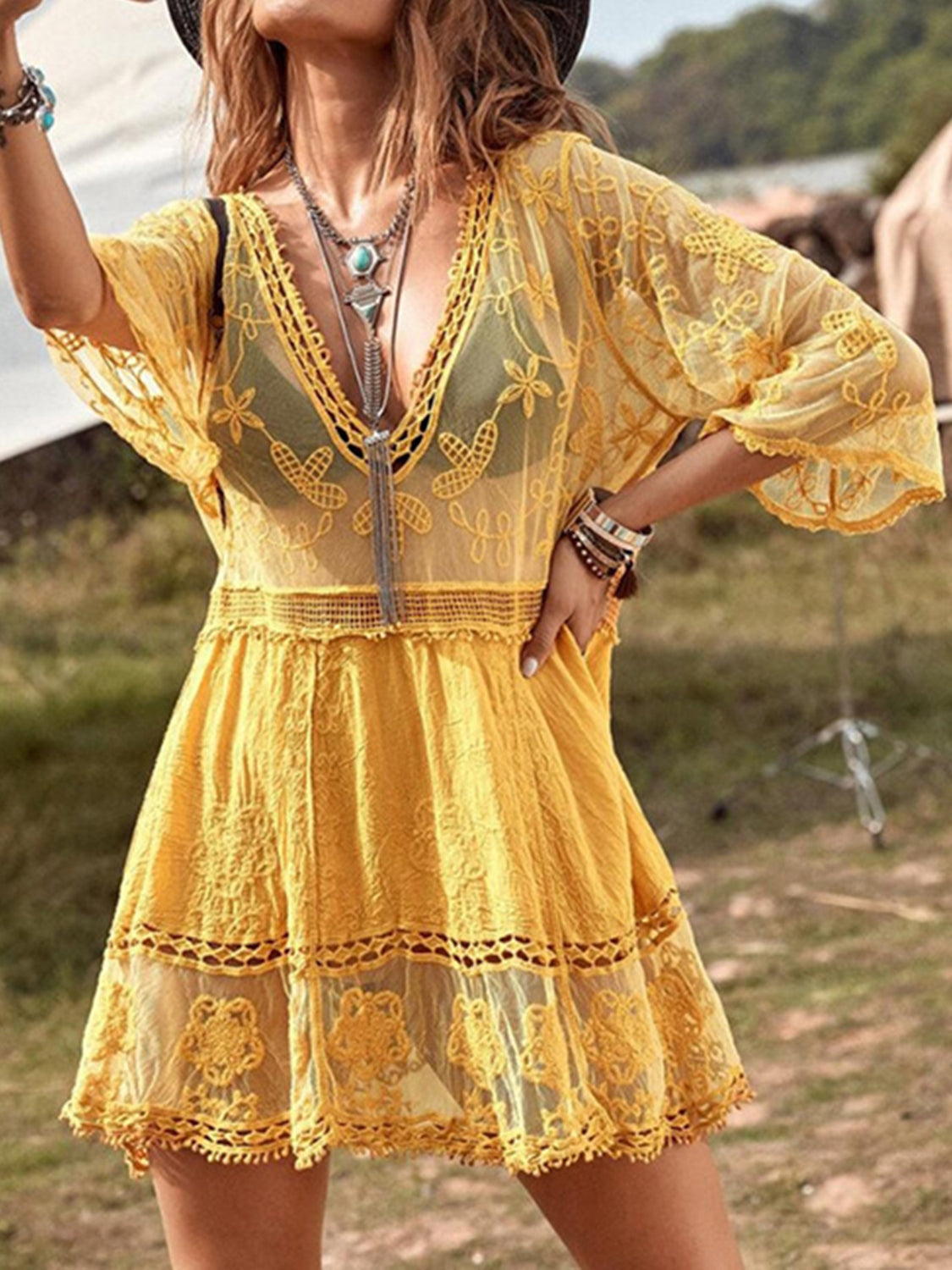 Lace Detail Plunge Cover-Up Dress More Colors! - In Style Chics Boutique LLC