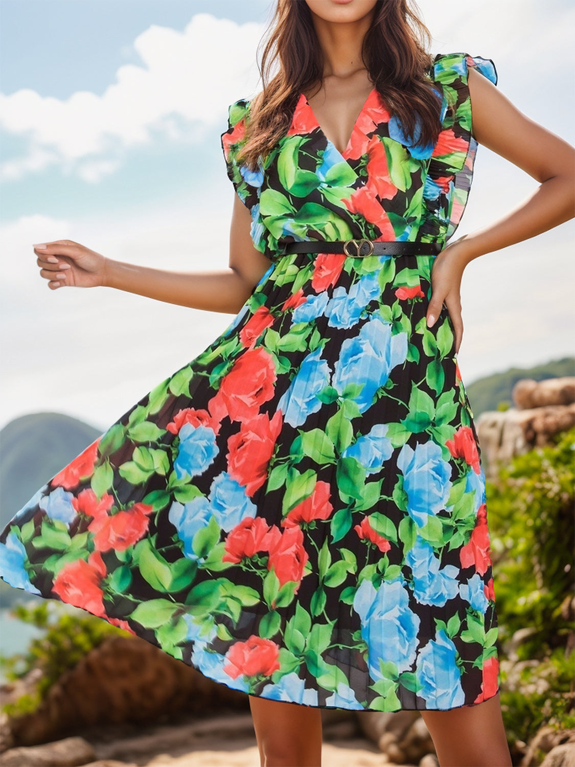 Ruffled Printed Surplice Cap Sleeve Dress - In Style Chics Boutique LLC