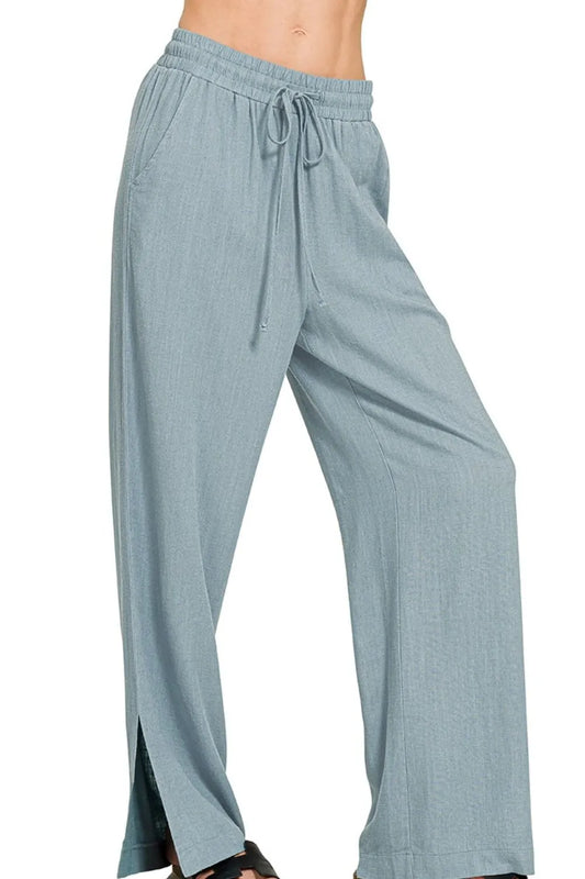 Linen Drawstring Wide Leg Pants with side slit - In Style Chics Boutique