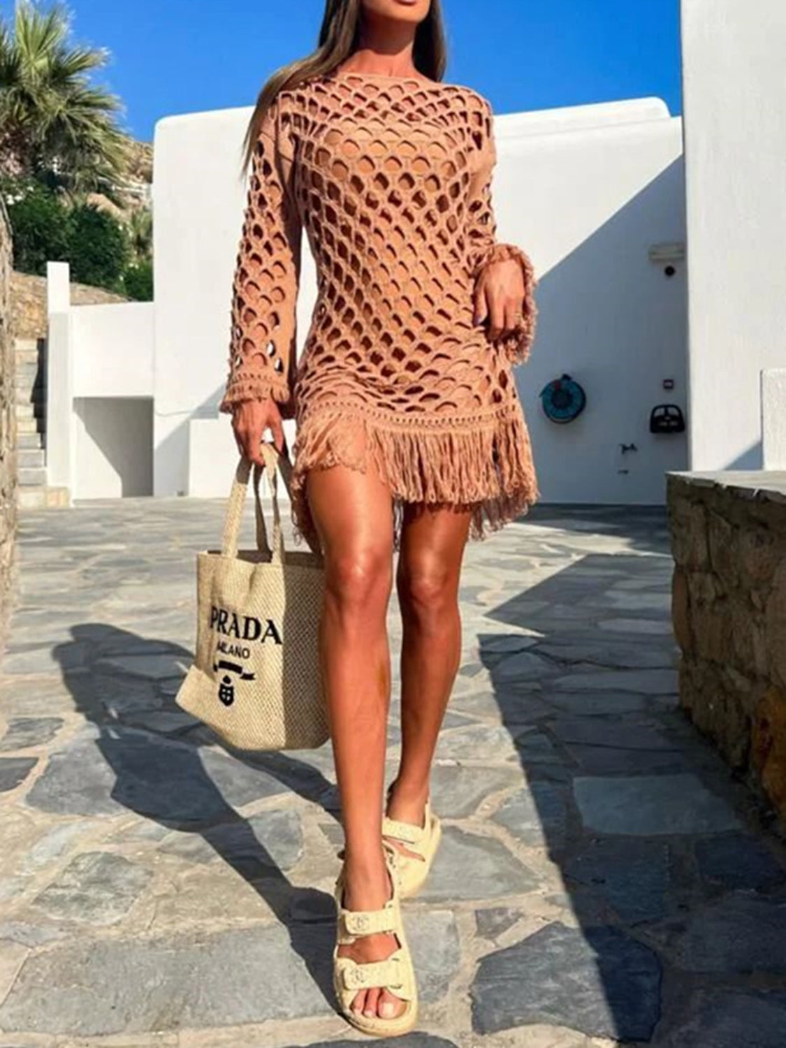 Fringe Cutout Long Sleeve Cover Up - In Style Chics Boutique LLC