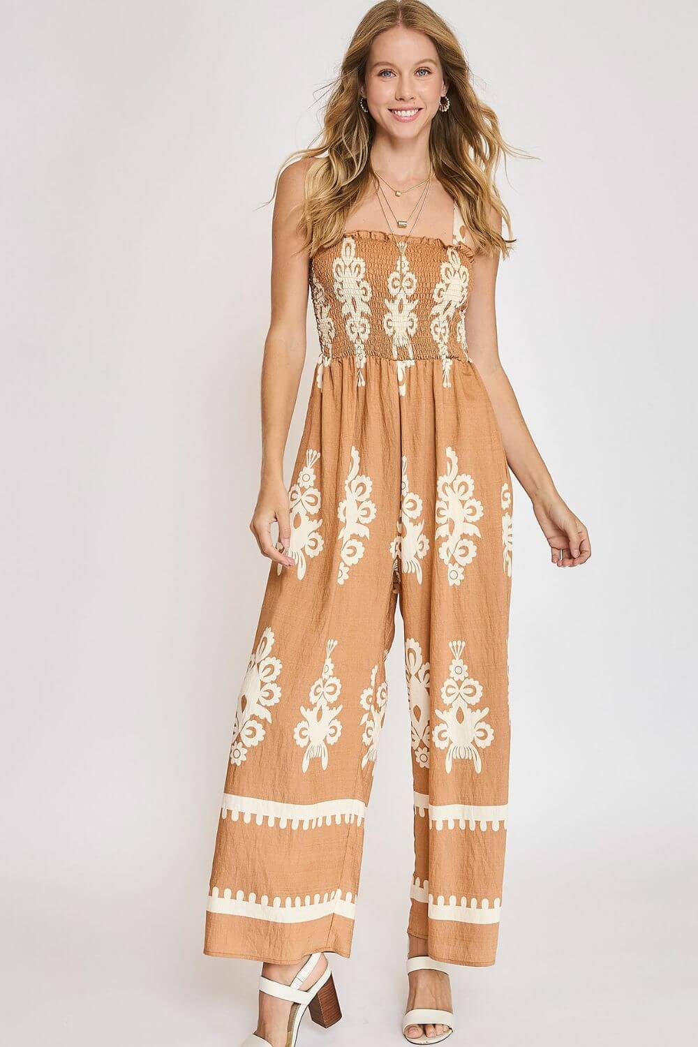 Smocked Printed Wide Leg Jumpsuit - Cute Clothes Online - In Style Chics Boutique Women's Juniors Plus Size Apparel
