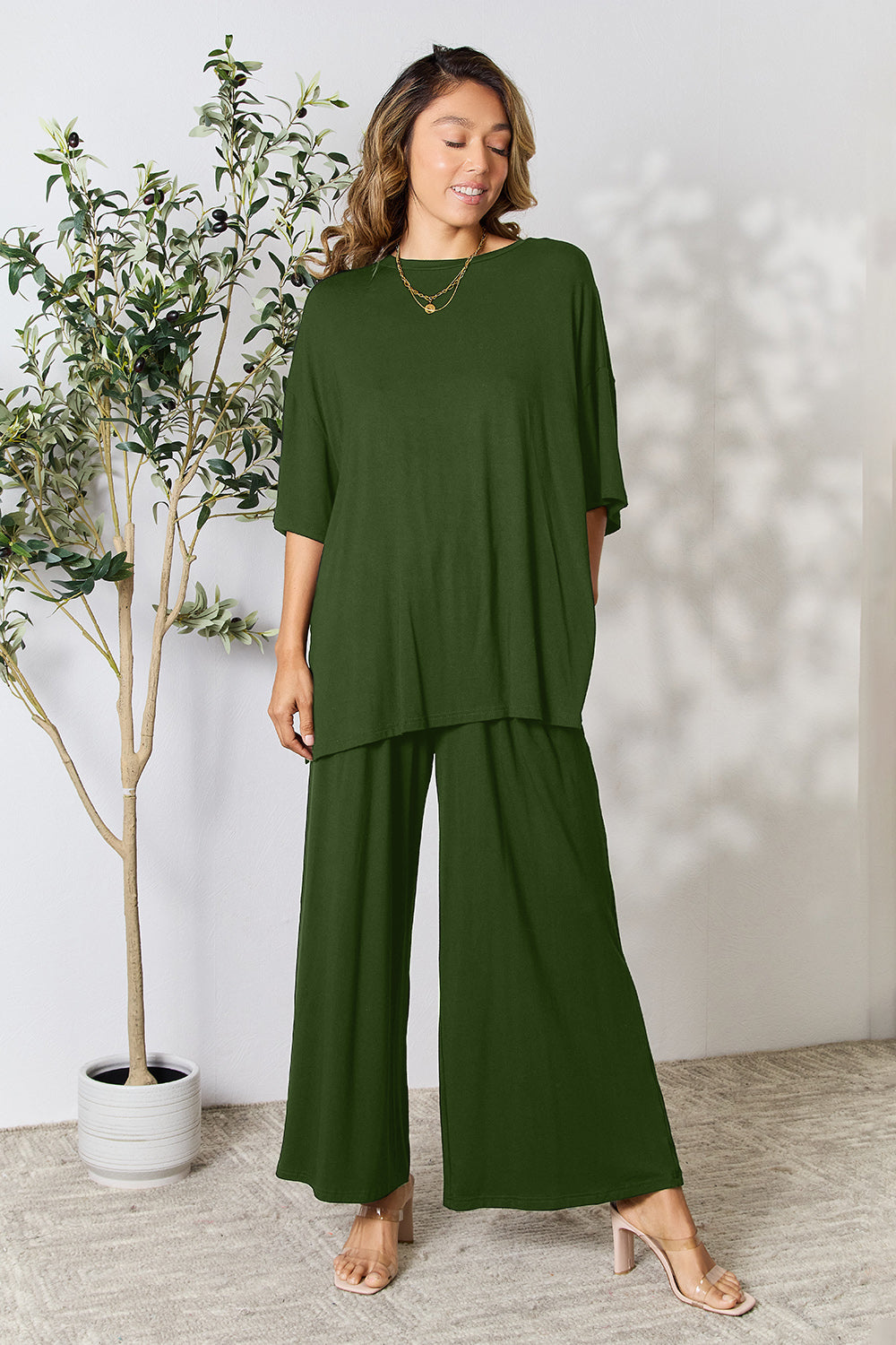 Double Take Round Neck Slit Top and Pants Set - More Colors! - In Style Chics Boutique LLC