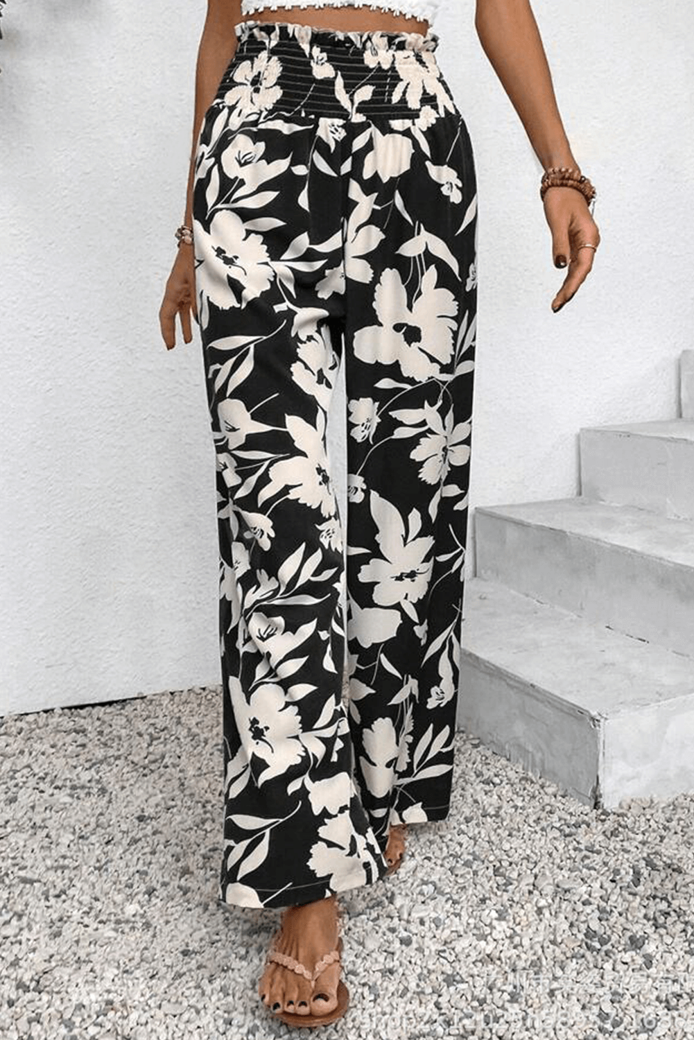 Floral Smocked Frill Waist Wide Leg Pants - Cute Clothes Online - In Style Chics Boutique Women's Juniors