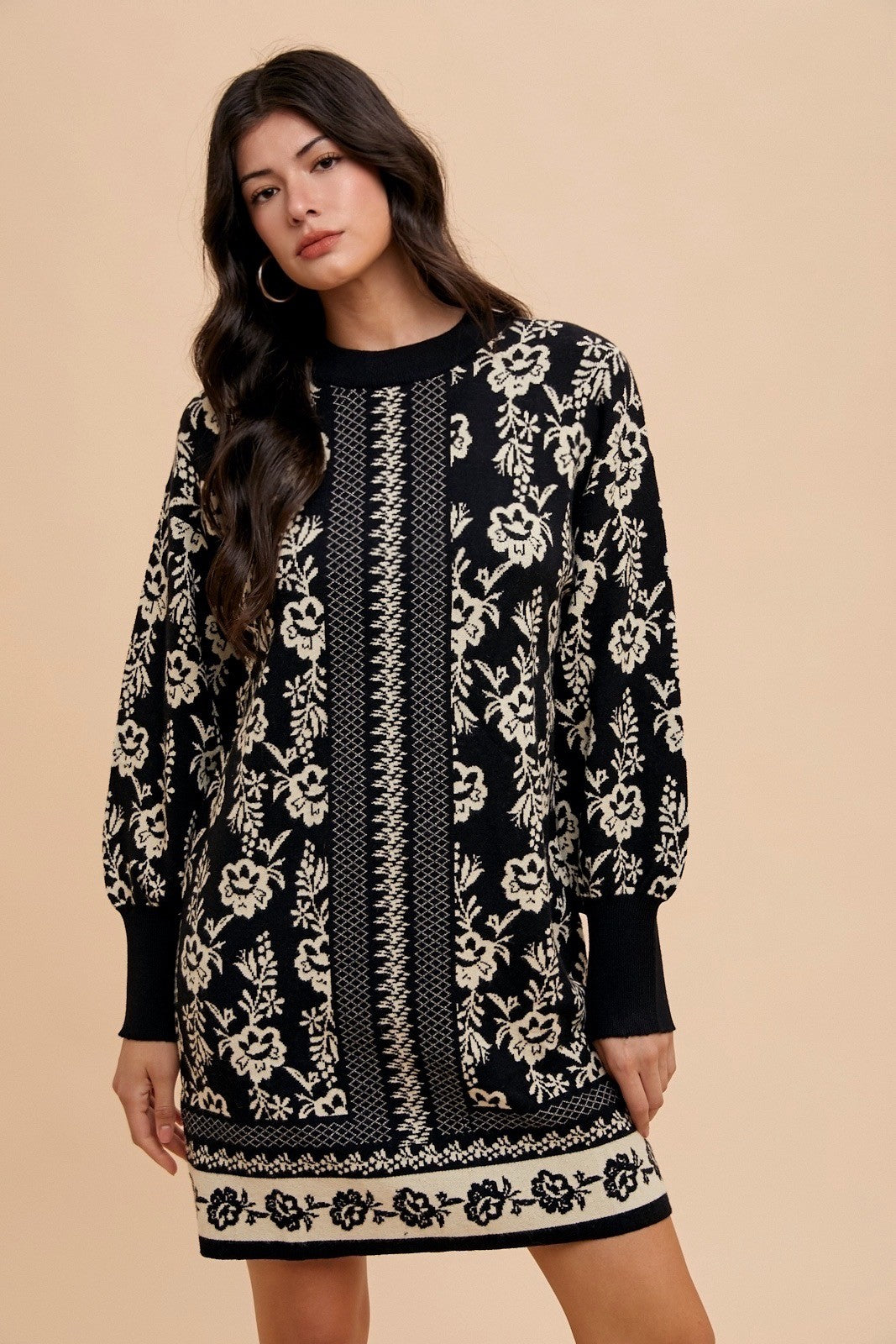 Annie Wear Floral Jacquard Round Neck Sweater Dress - In Style Chics Boutique LLC