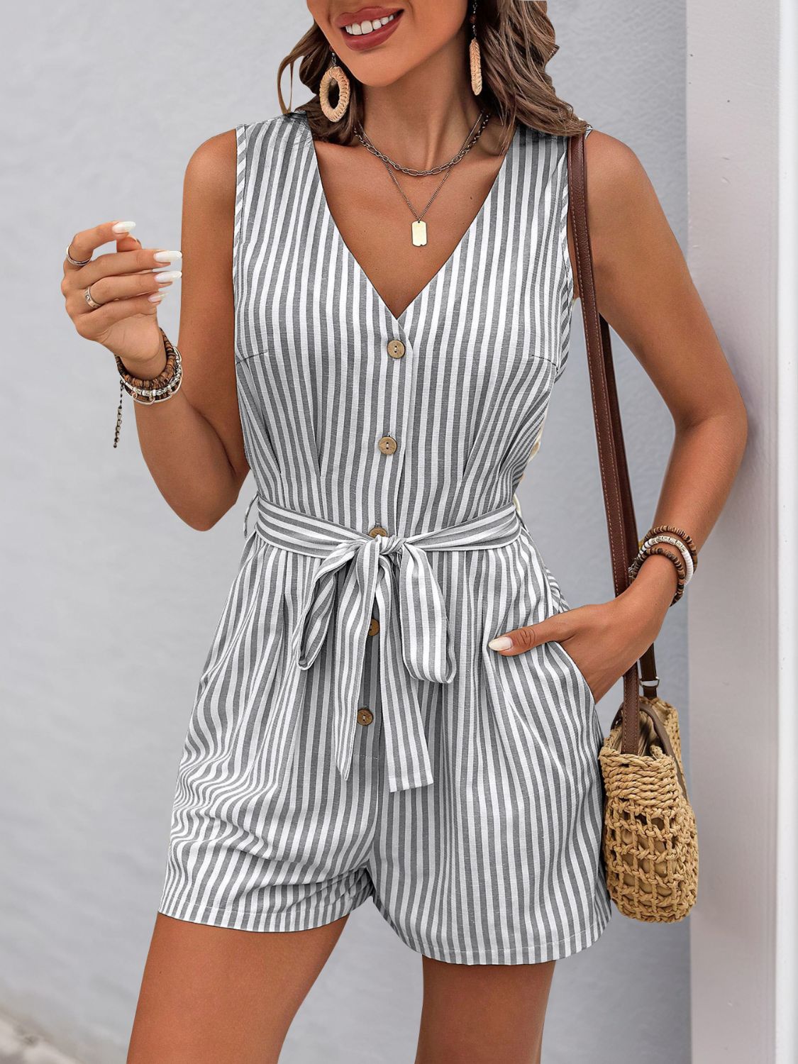 Striped V-Neck Tie Waist Romper - Cute Clothes - In Style Chics Boutique Women's Juniors Online Fashion