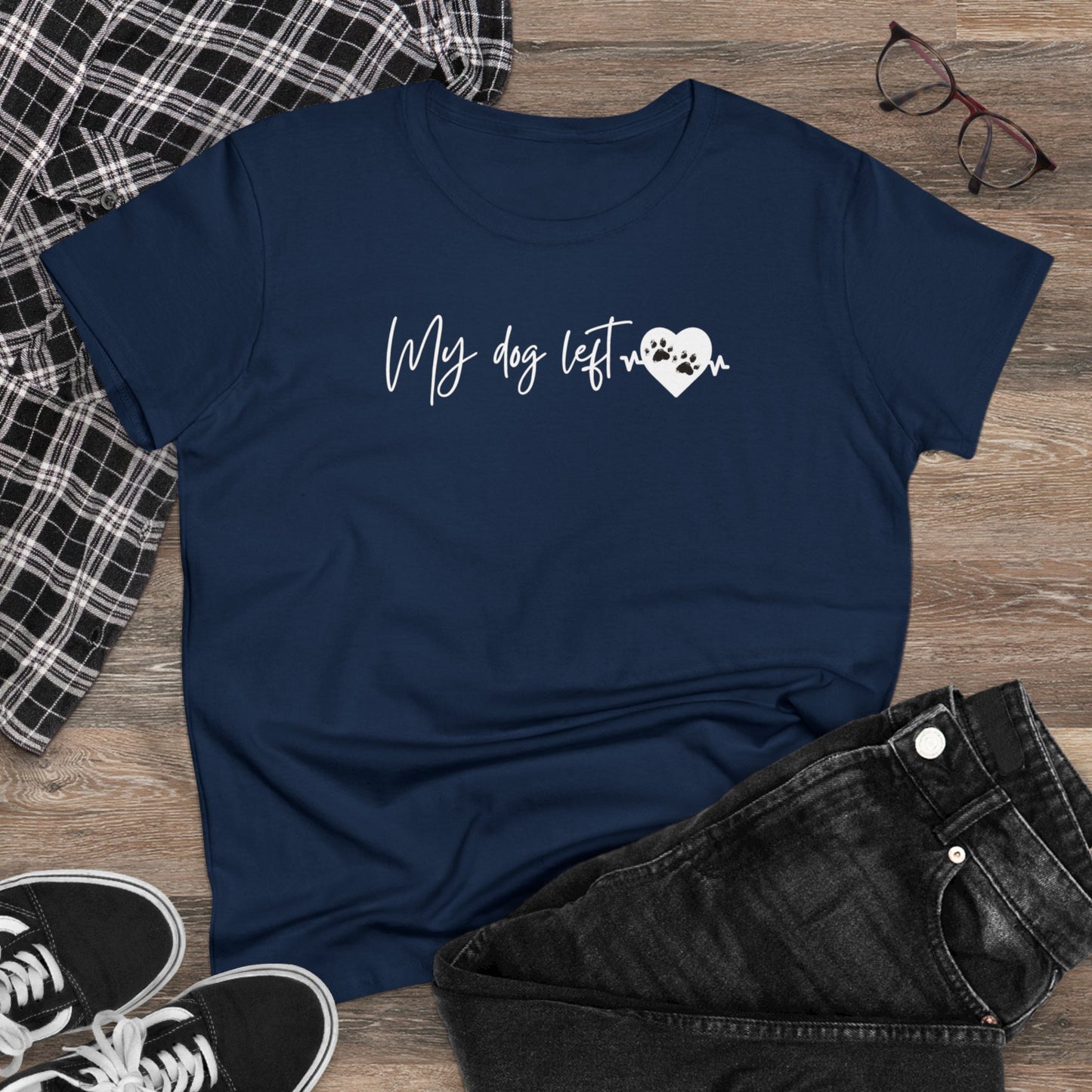 Women's Midweight Cotton Graphic Tee - "My dog left paw prints on my heart" - In Style Chics Boutique LLC