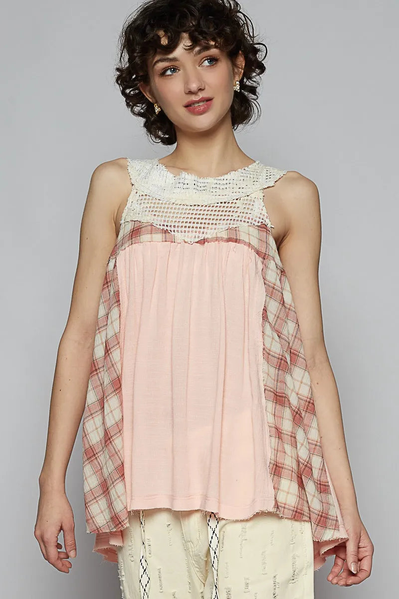 Crochet Lace Tank Top with Plaid Panel Detail - In Style Chics Boutique