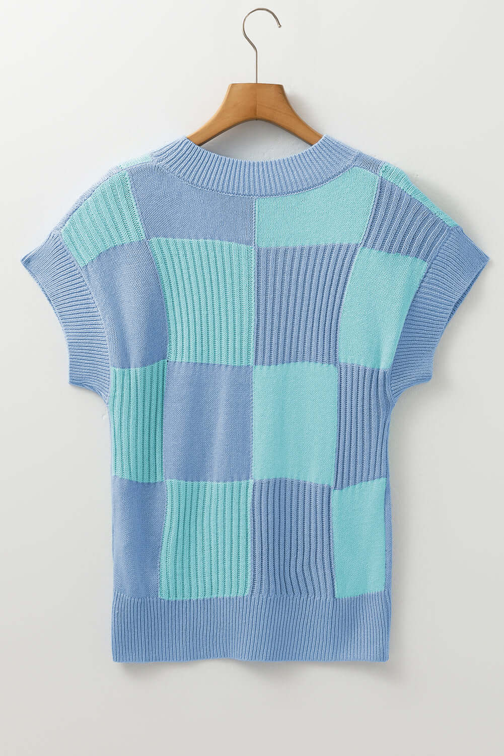 Khaki Checkered Color Block Crew Neck Short Sleeve Sweater - Cute Clothes Online - In Style Chics Boutique Women's Juniors