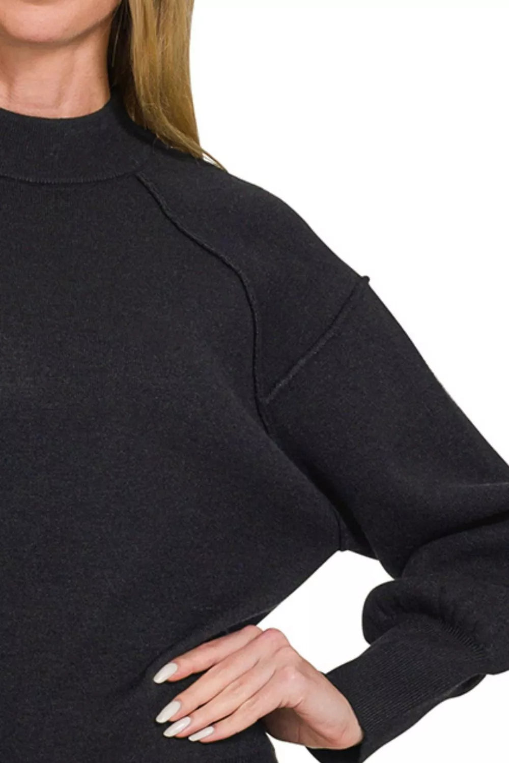 Shop Viscose Mock Neck Exposed Seam Black Sweater at In Style Chics Boutique 🖤
