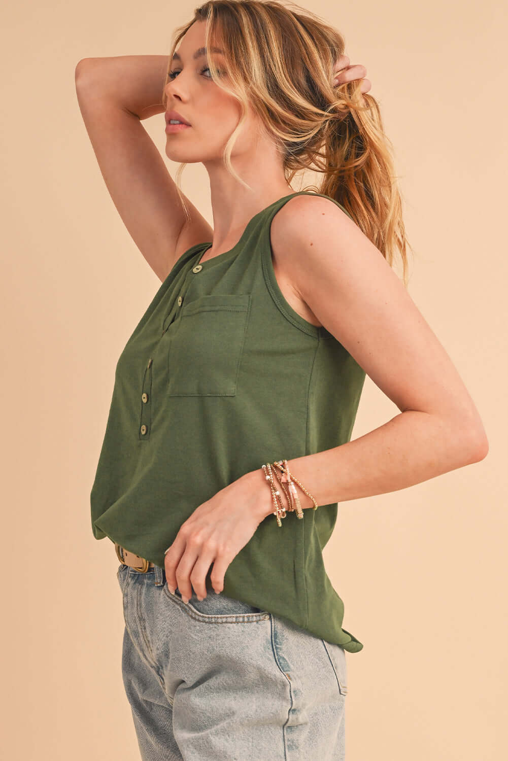 Jungle Green Half Button V Neck Patched Pocket Tank Top - In Style Chics Boutique