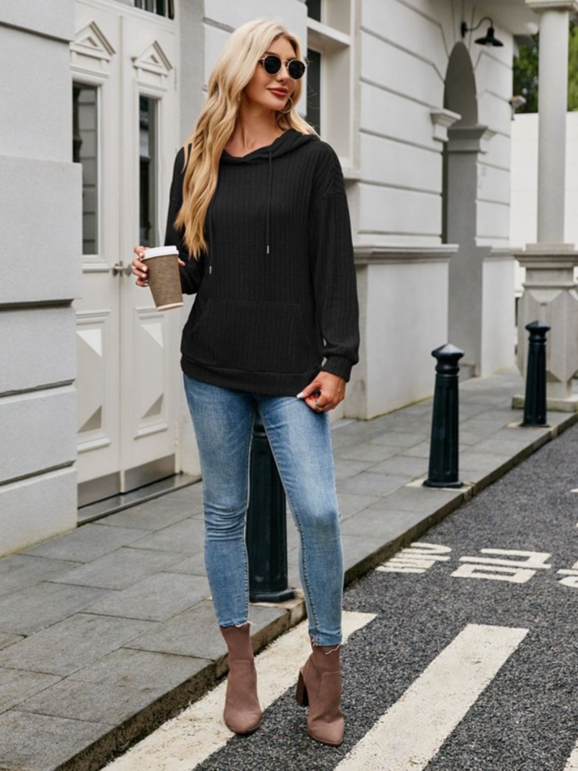 Ribbed Drawstring Long Sleeve Hoodie - In Style Chics Boutique LLC