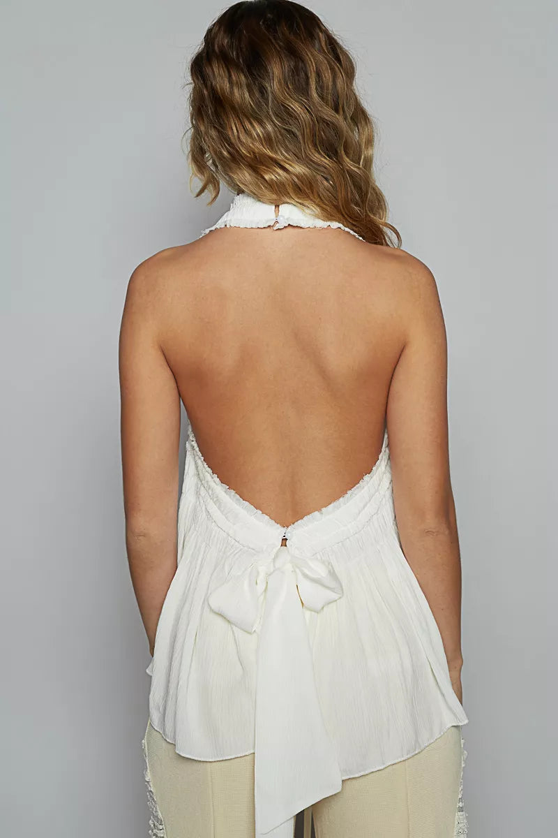 Backless Halter Sleeveless Top with Smocking Shirring Detail at In Style Chics Boutique