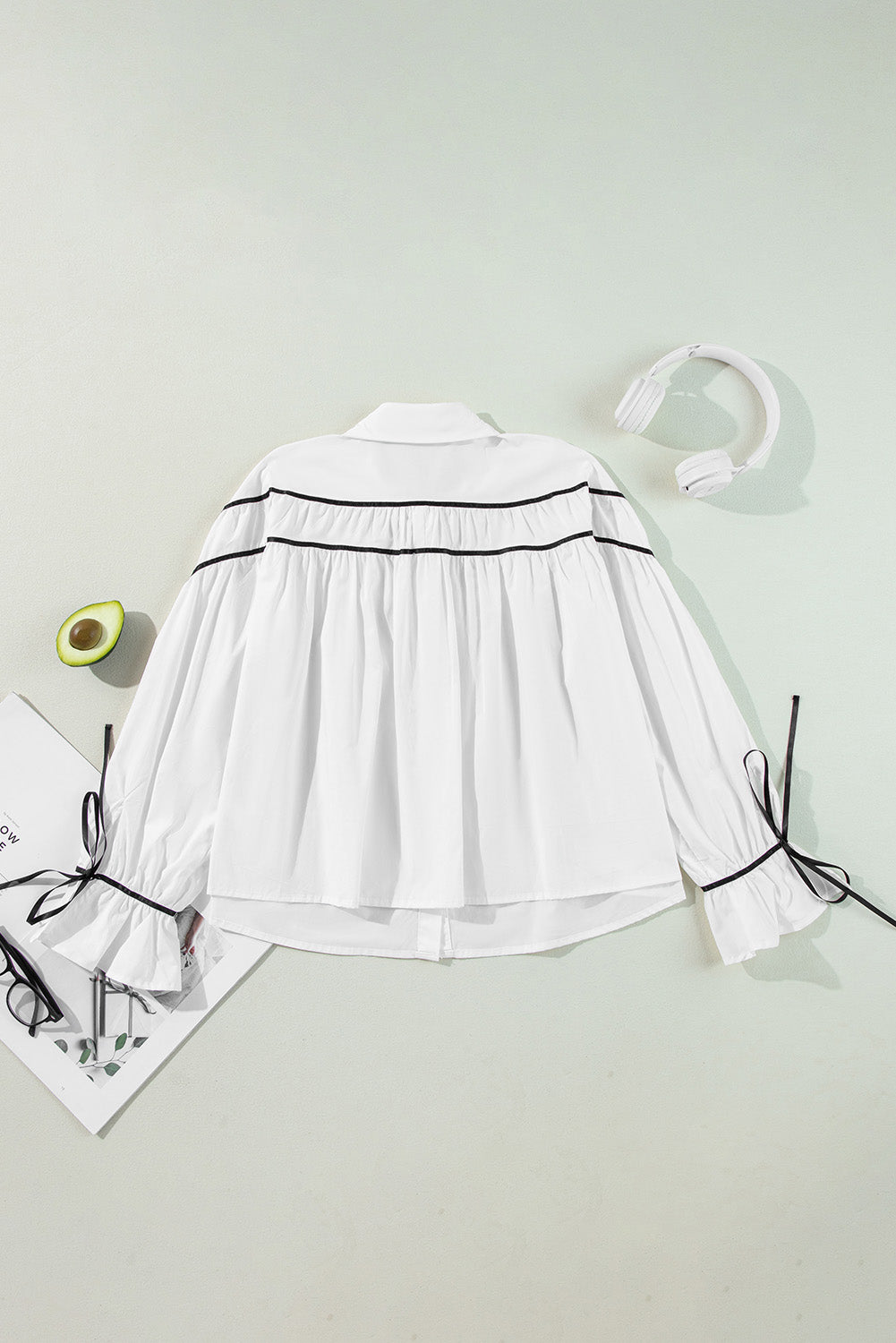 Ribbon Bowtie Collared Neck Flounce Sleeve Shirt - In Style Chics Boutique LLC