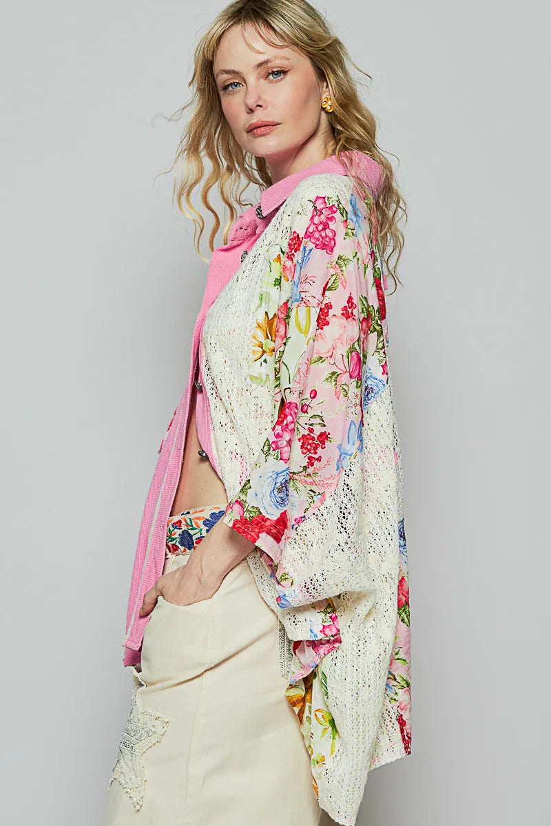 Thermal and Crochet Lace Mix Shirt with Floral Pattern at In Style Chics Boutique