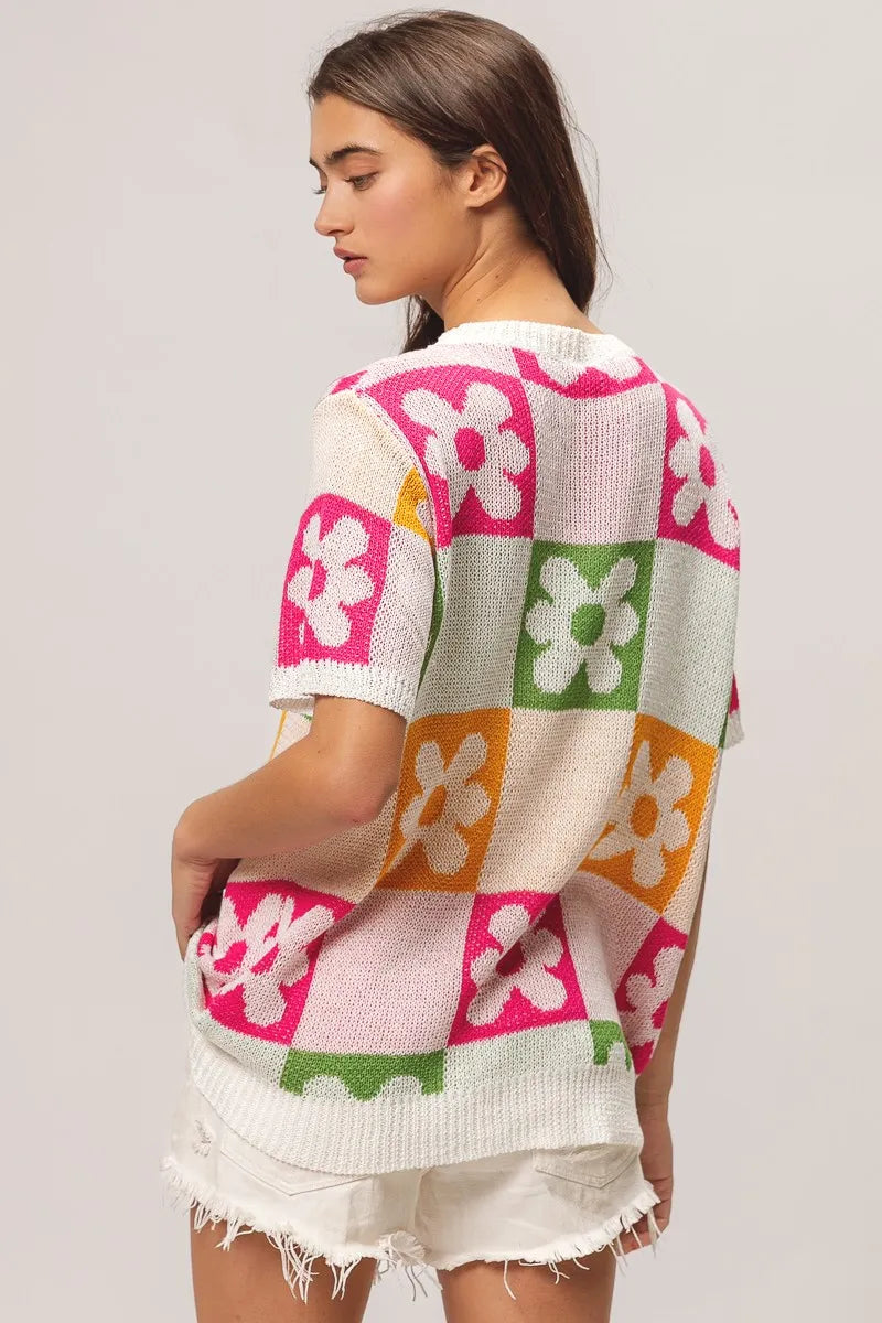 Sweater Top, Flower Checker Pattern Lightweight In Style Chics Boutique Where to buy stylish women’s clothes