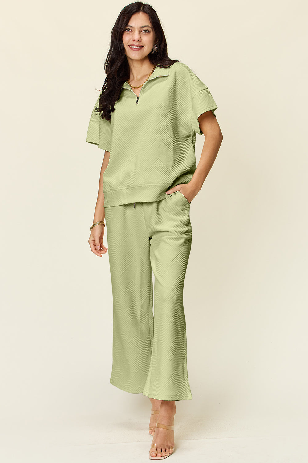 Double Take Texture Half Zip Short Sleeve Top & Pants Set- More Colors! - In Style Chics Boutique LLC