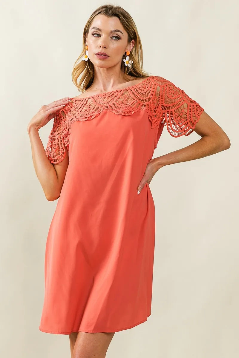 Crochet Lace Yoke Detailed Wrinkled Dress - In Style Chics Boutique Women's Juniors Clothes