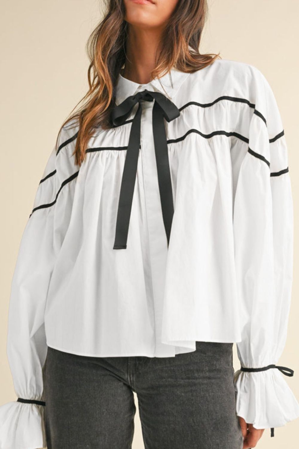 Ribbon Bowtie Collared Neck Flounce Sleeve Shirt - In Style Chics Boutique LLC