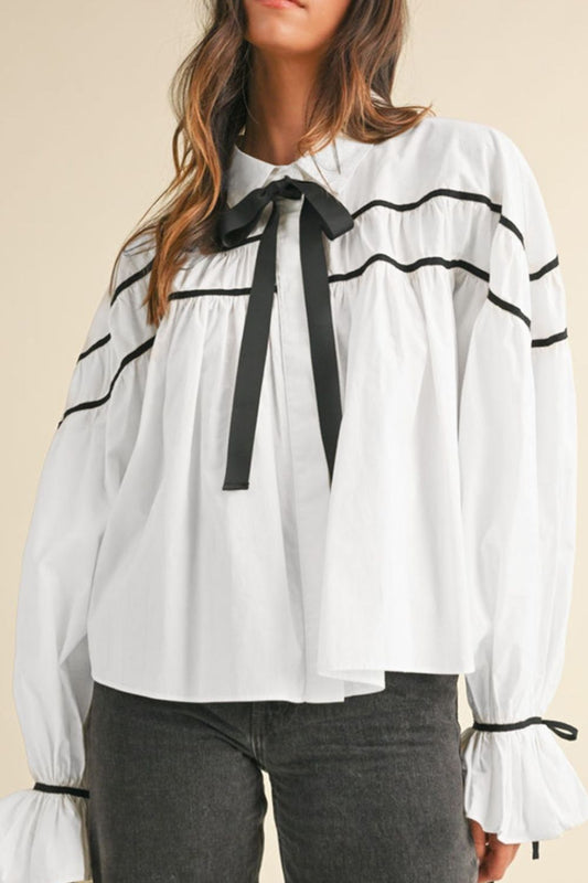 Ribbon Bowtie Collared Neck Flounce Sleeve Shirt - In Style Chics Boutique LLC