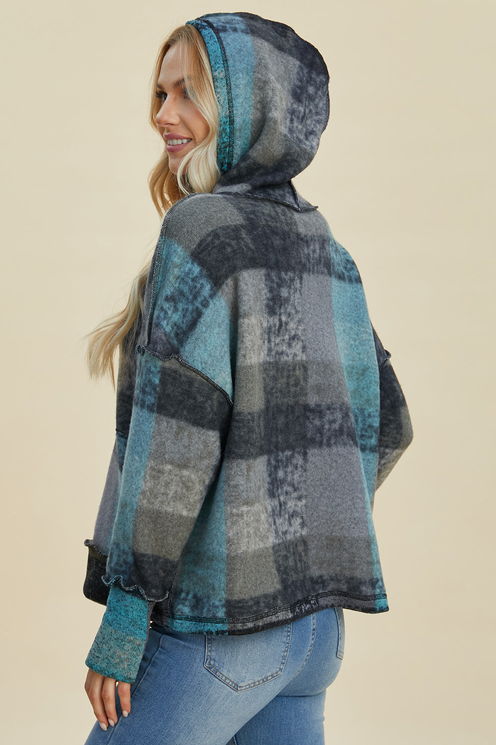 Double Take Full Size Plaid Dropped Shoulder Fleece Hoodie - In Style Chics Boutique LLC
