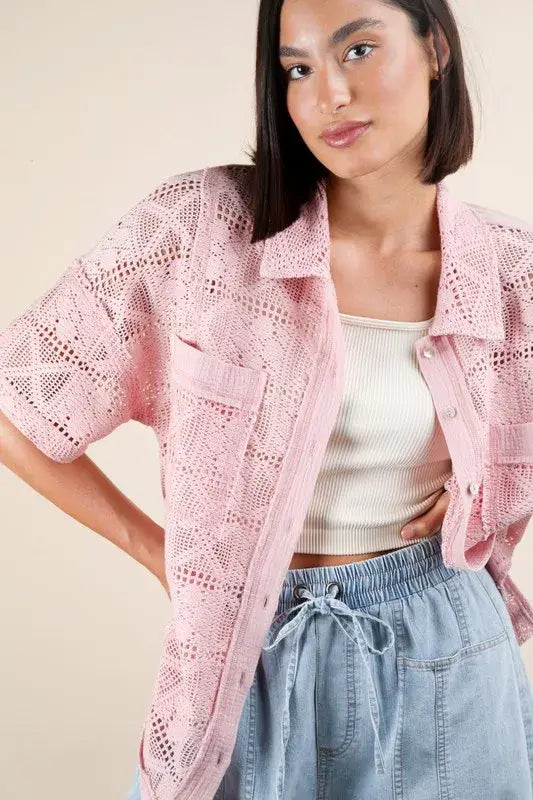 Plus Size Oversized Crochet Button Down Shirt Top - In Style Chics Boutique Online Women's Juniors Plus Size Apparel