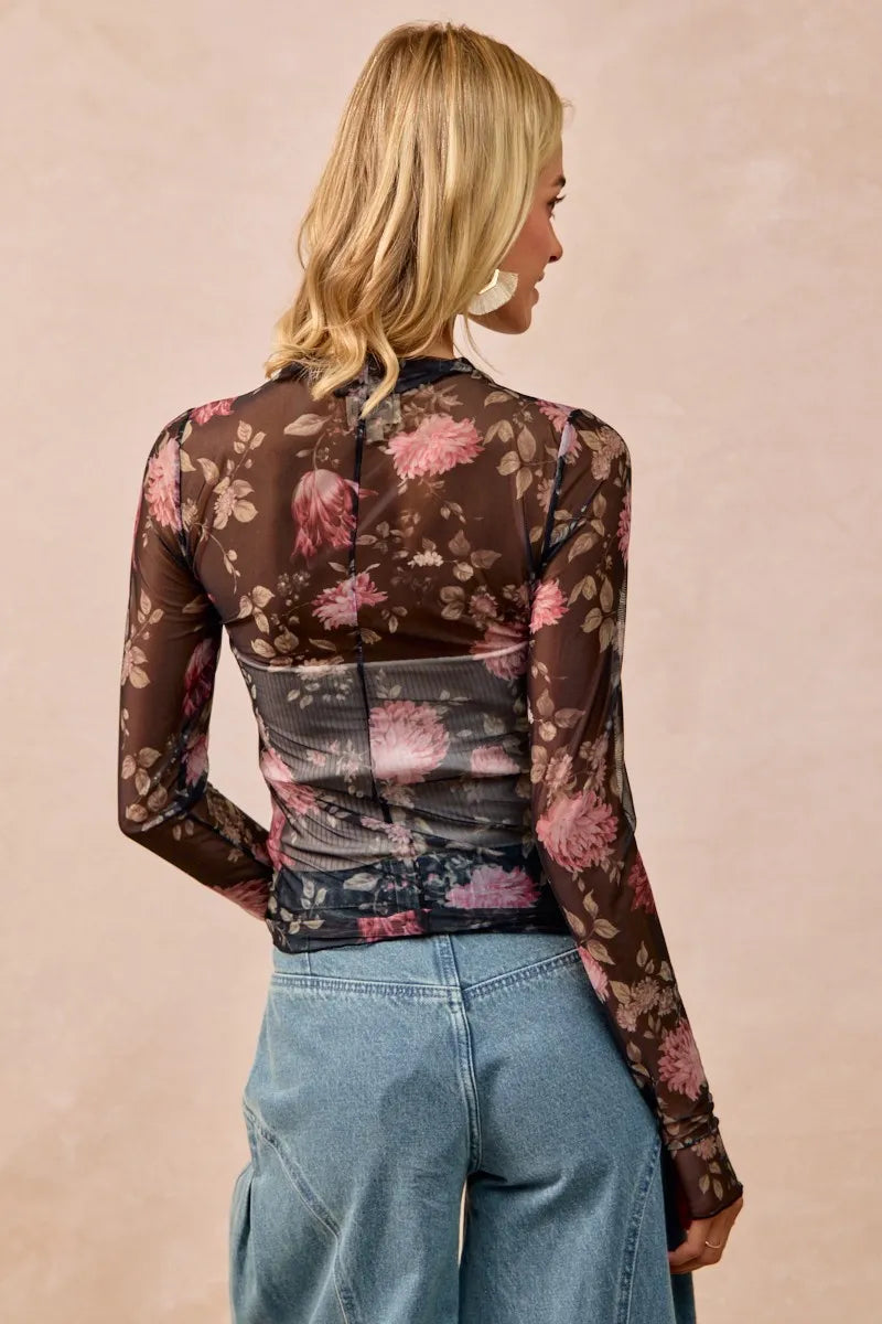 Flower Printed Mesh Lace Top with Thumb Opening at In Style Chics Boutique