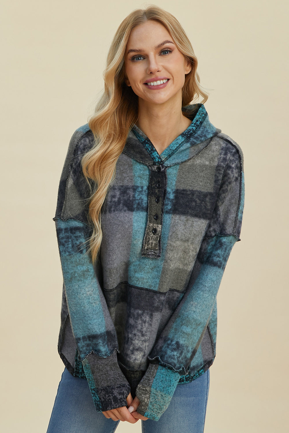 Double Take Full Size Plaid Dropped Shoulder Fleece Hoodie - In Style Chics Boutique LLC
